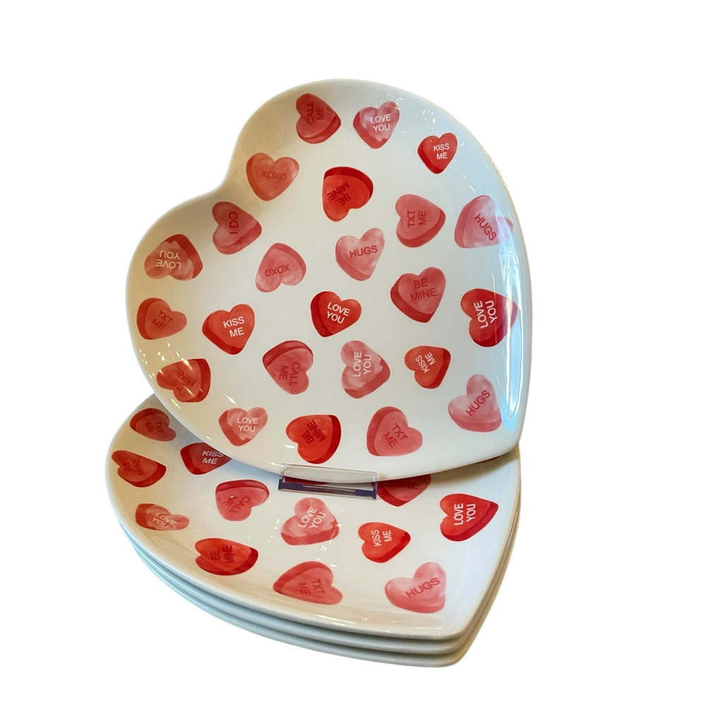 4 Maxcera Conversation Heart Valentine Salad Plates 8in Ceramic Red White Pink